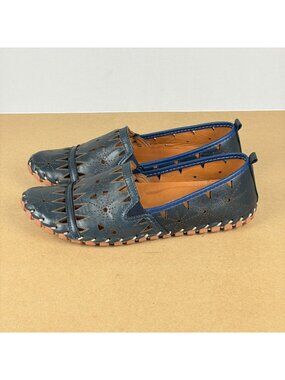 Spring Step Fusaro Leather Slip On Loafers Womens 8.5 EU 38 Dark Blue Laser Cut